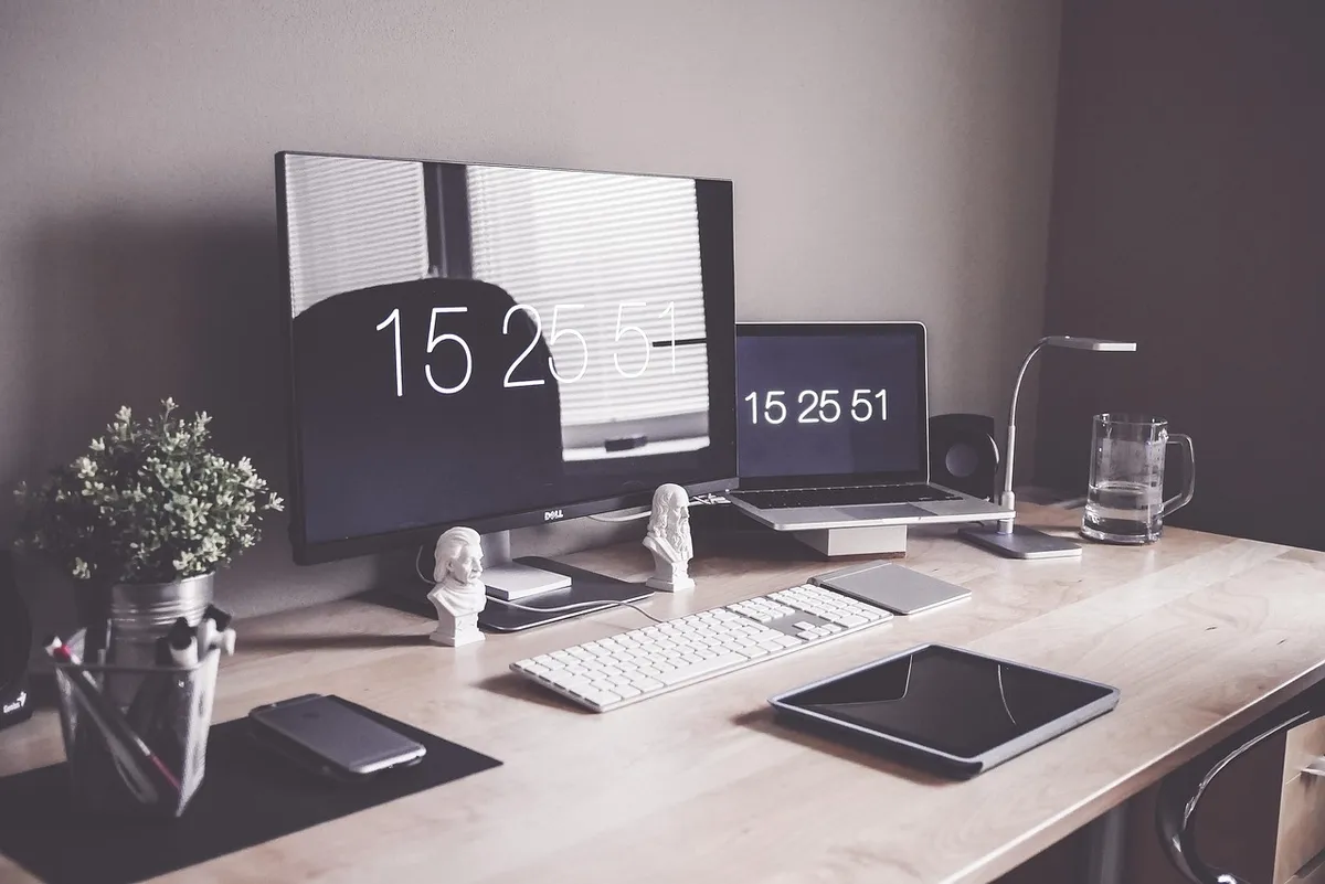 home office, computer, desk, display, iphone, keyboard, laptop, luxury, macbook, modern, organized, table, tablet, technology, work place, home office, computer